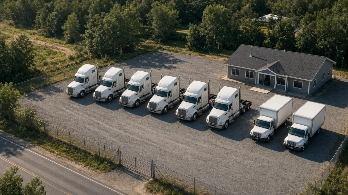 Small trucking company yard with six semi trucks and two box trucks