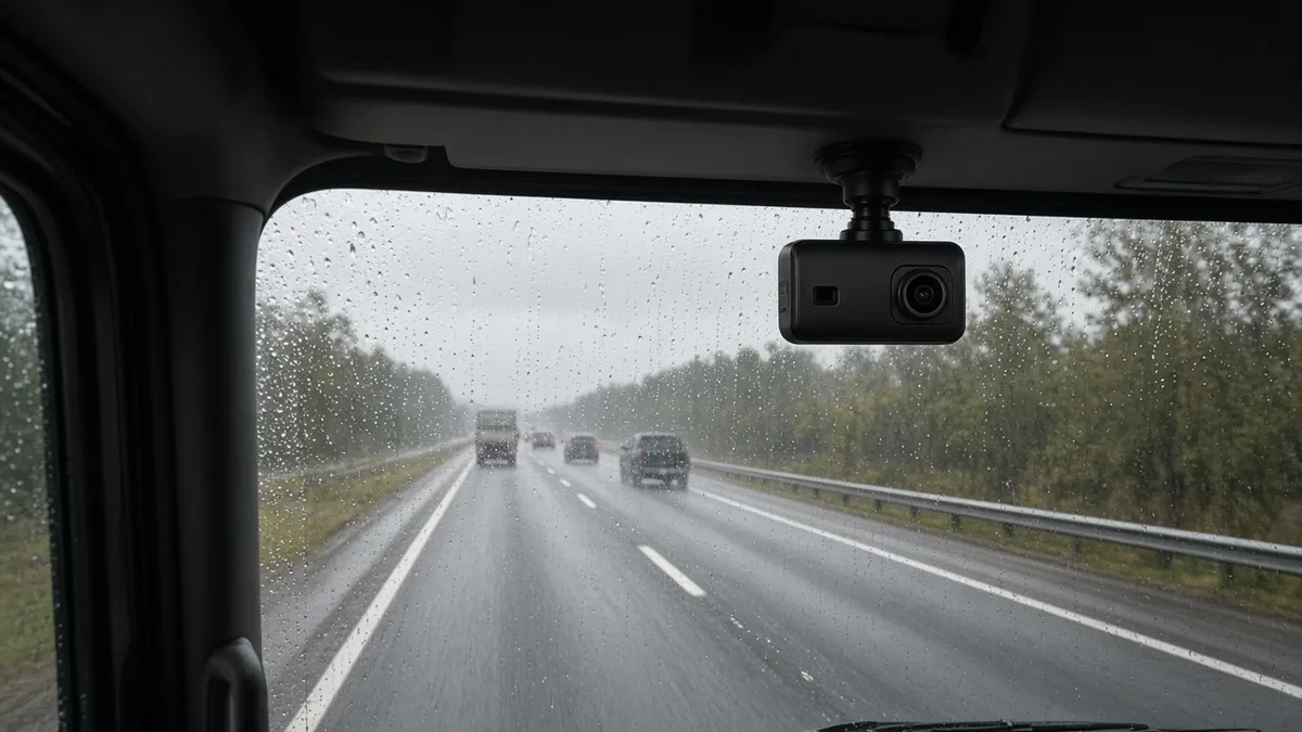 Dash camera mounted on a truck windshield looking out at a rainy highway