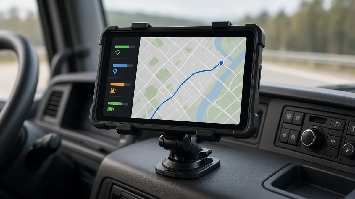 Tablet locked into a dashboard mount inside a semi truck cab showing a route map