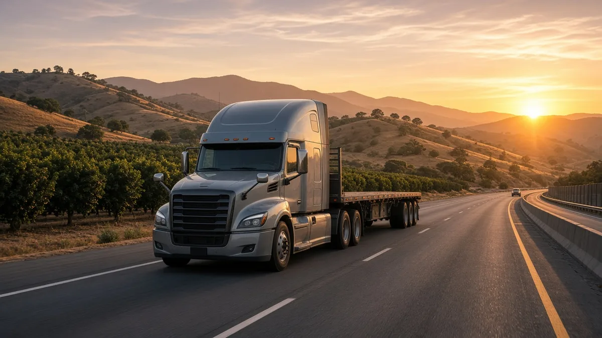 Flatbed semi truck on a California freeway past golden hills and orchards at sunset
