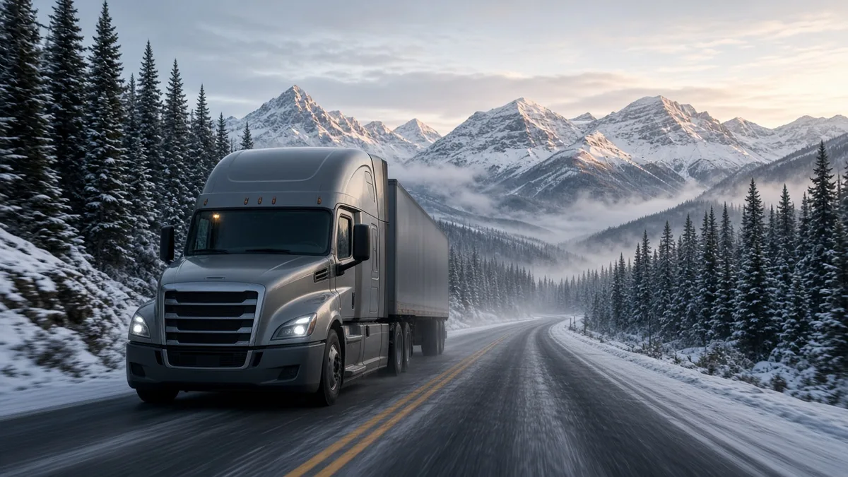 Semi truck driving on a snowy mountain highway through a pine forest in Canada