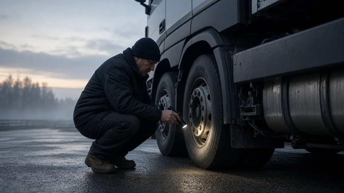 Driver using a flashlight to inspect semi truck tires during a pre trip inspection