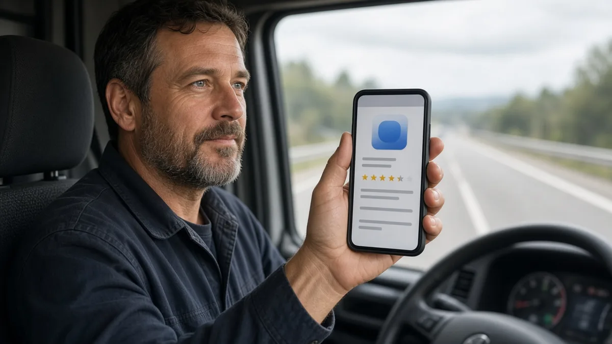Truck driver holding a smartphone showing an app page with star ratings