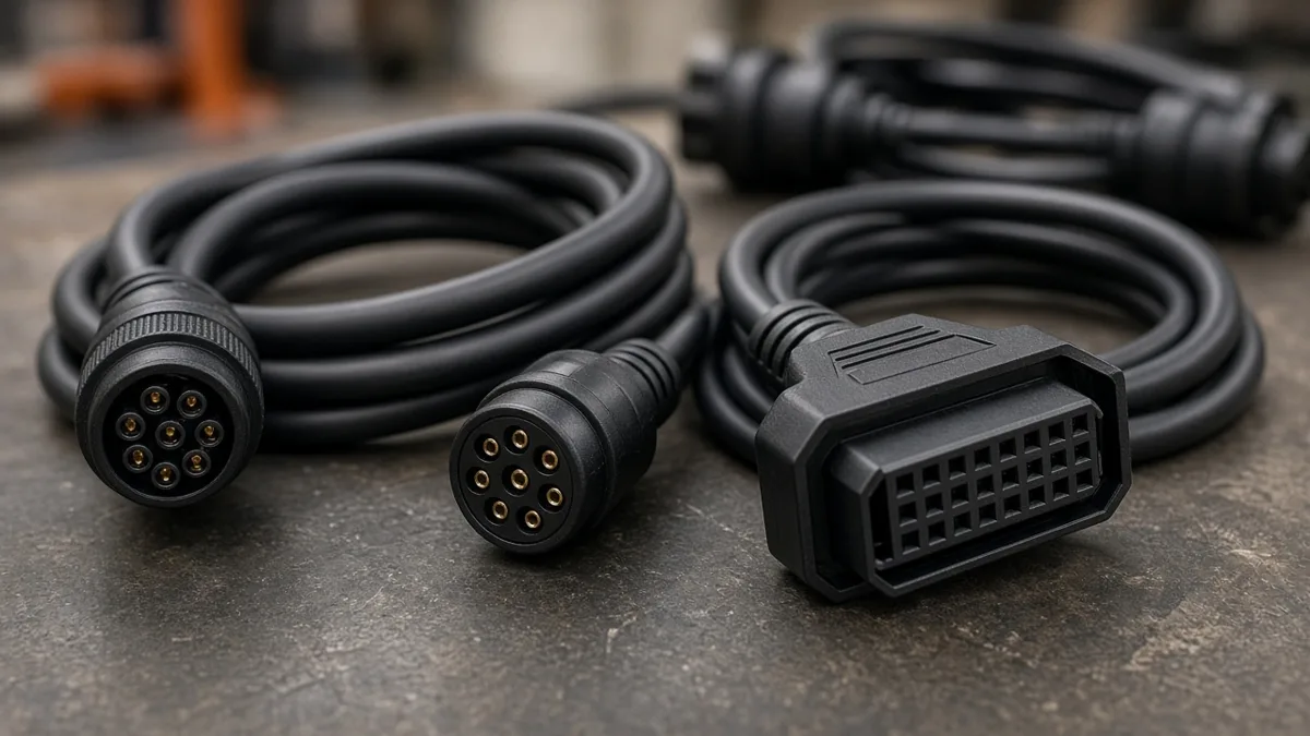 Coiled diagnostic cables with round 9 pin and 6 pin connectors and a 16 pin connector