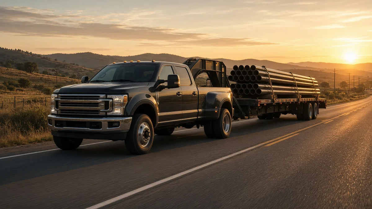 Dually pickup pulling a gooseneck flatbed loaded with steel pipe at sunset