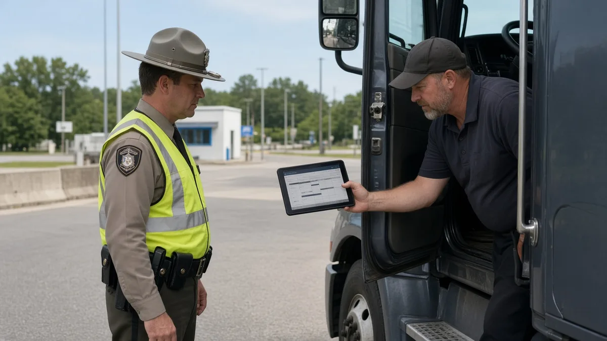 State trooper reviewing a driver's electronic logs on a tablet beside a semi truck cab