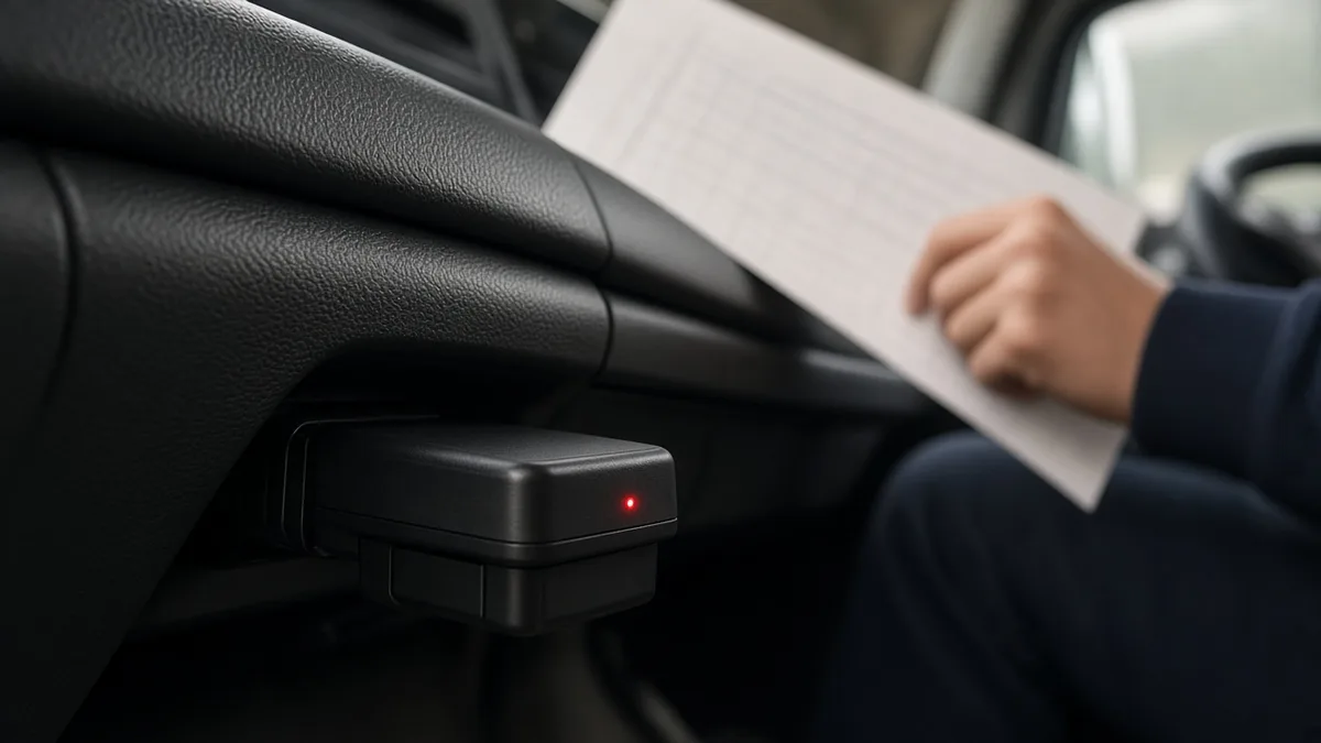 ELD plugged into a truck diagnostic port showing a red light while the driver holds a paper log