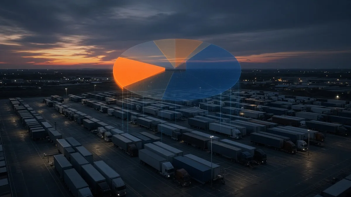 Rows of parked semi trucks at dusk with a floating pie chart overlay representing ELD market share