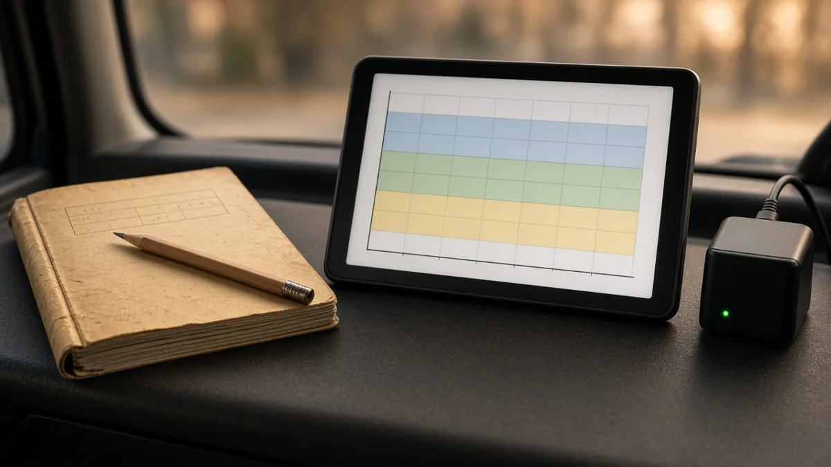 Paper logbook and pencil beside a tablet showing a duty status grid and a plug in logging device on a truck dashboard