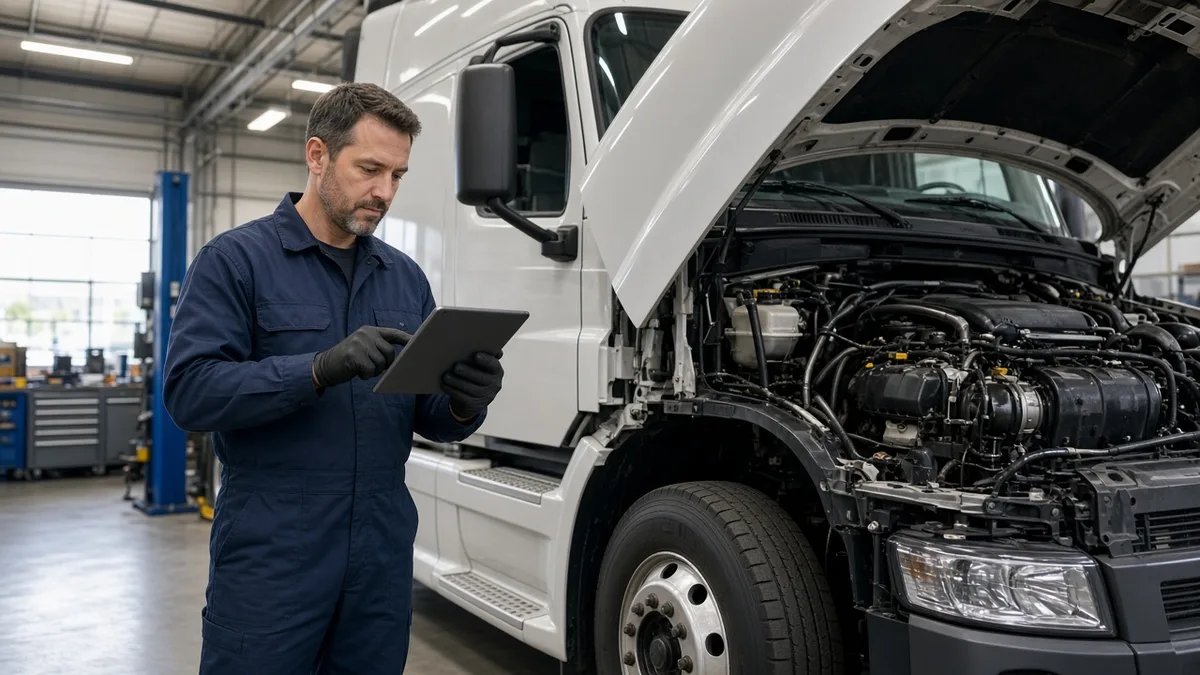 Mechanic holding a tablet next to a semi truck with the hood open in a maintenance shop
