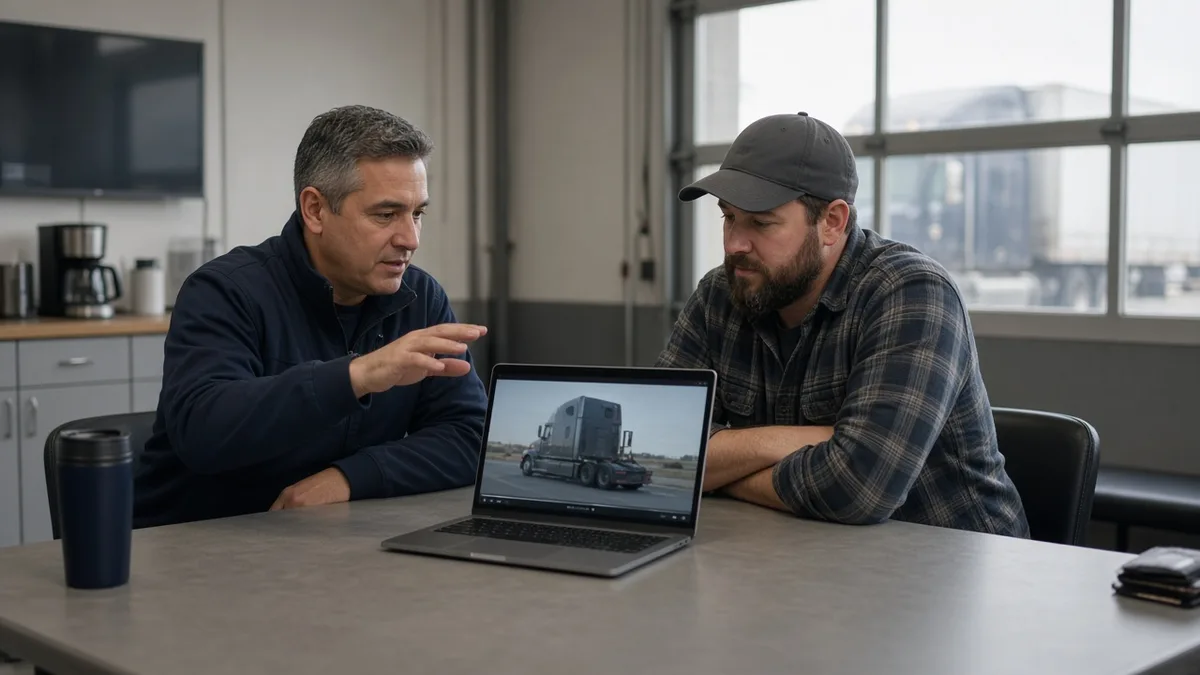 Safety manager coaching a truck driver while they review a video clip on a laptop