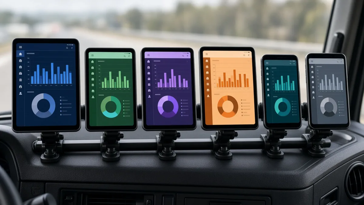 Six tablets and phones mounted on a truck dashboard showing different fleet app dashboards
