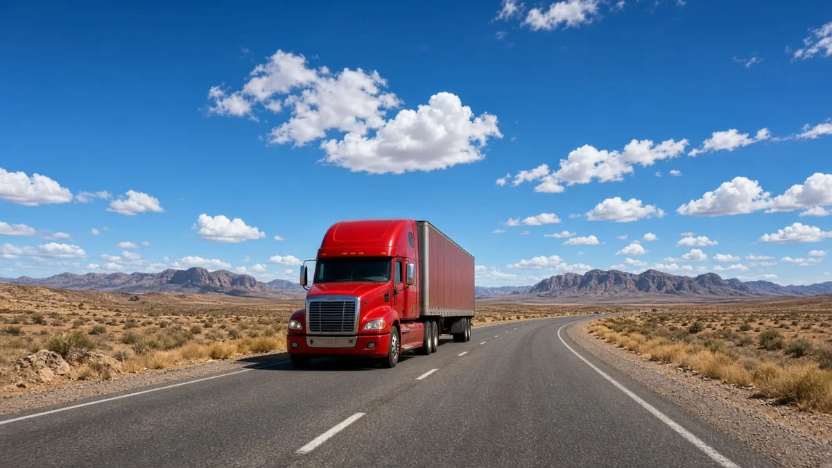 Owner operator semi truck driving alone on an open desert highway