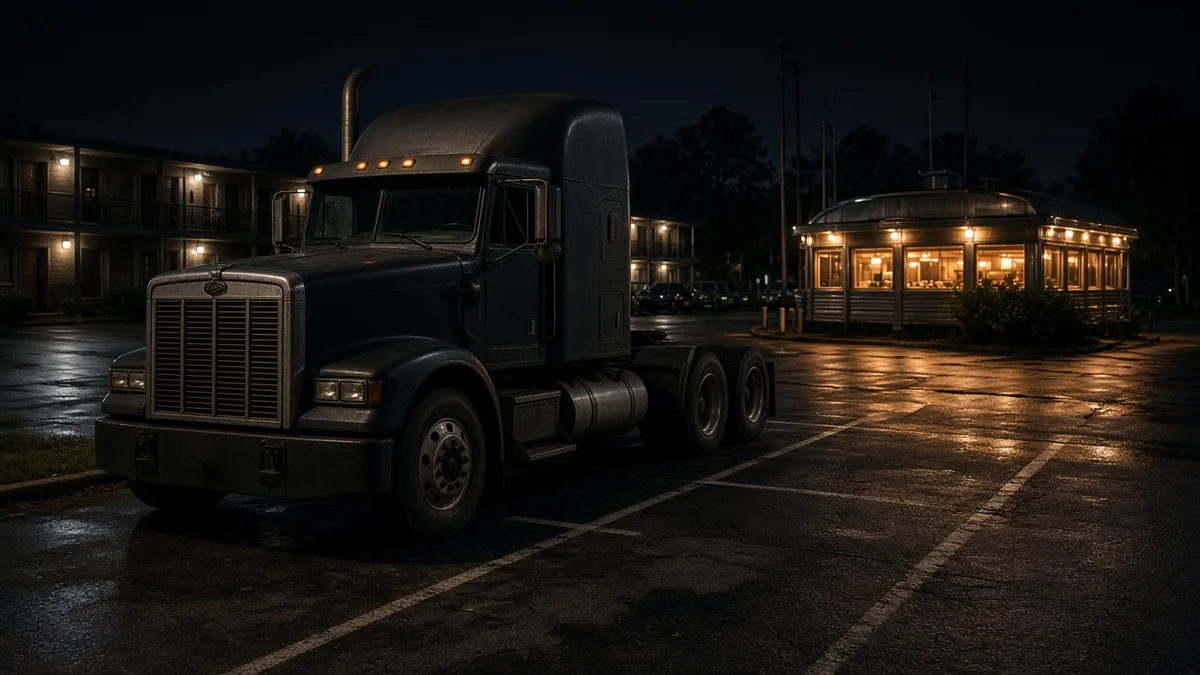Bobtail semi tractor parked at a motel at night near a lit diner