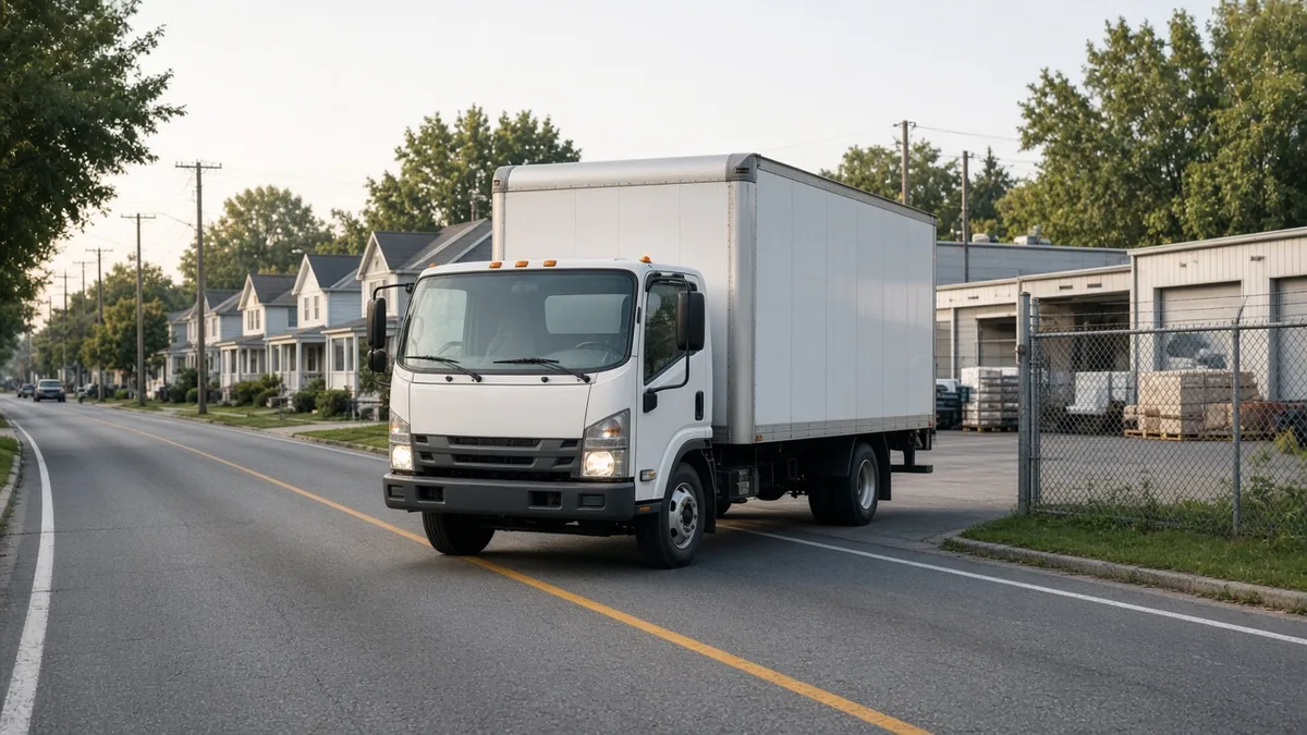 Local box truck pulling out of a distribution yard onto a residential street