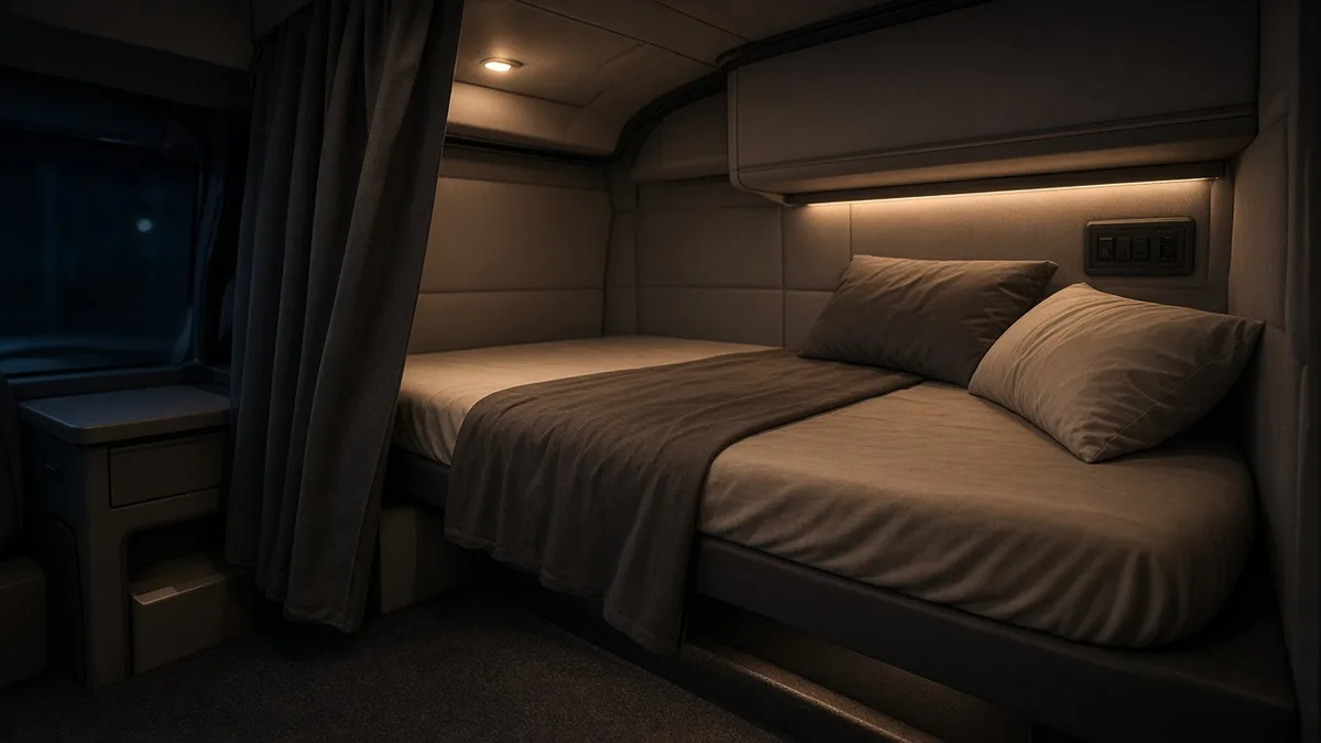 Inside a semi truck sleeper berth with a made bunk and the curtain partly open