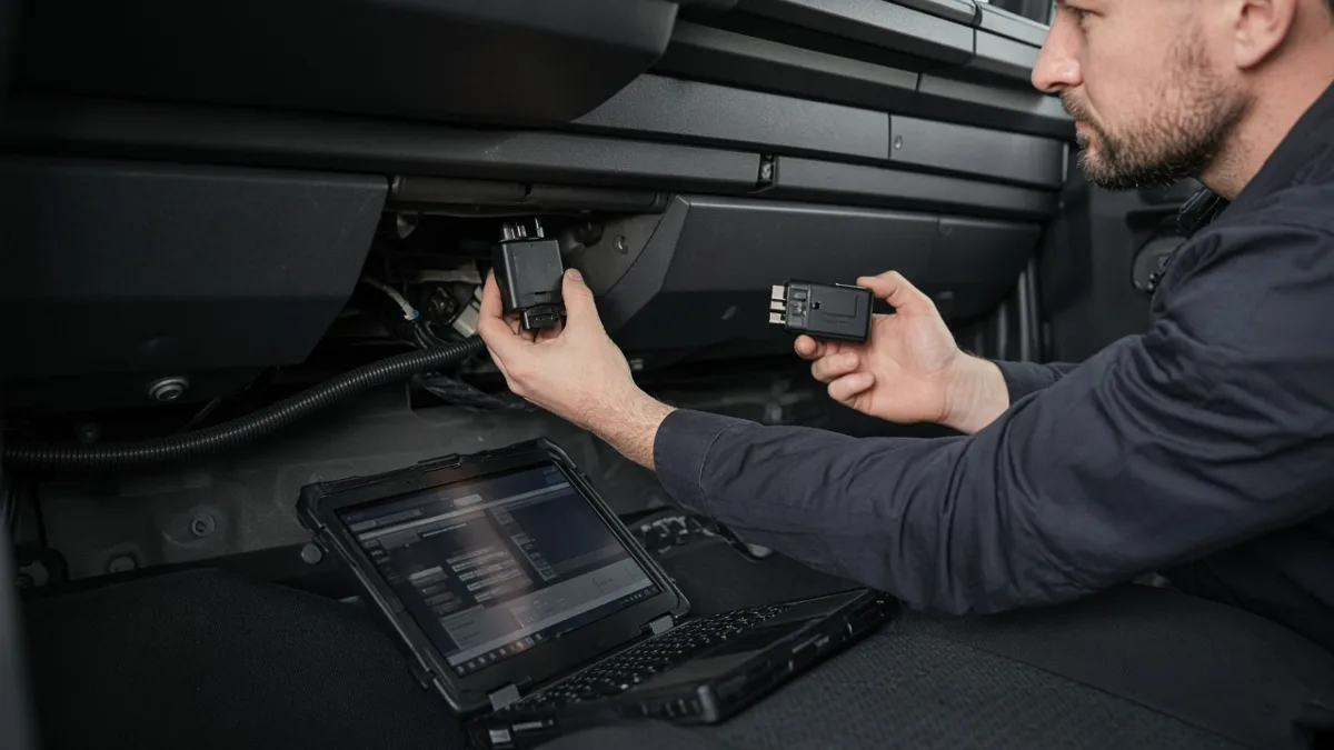 Technician swapping an old ELD plug in device for a new one under a truck dashboard