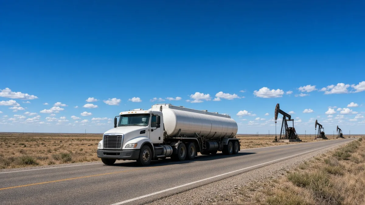 Tanker truck on a flat Texas highway with oil pumpjacks in the background